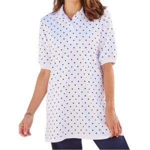 Woman Within Short-Sleeve Polo Tunic Polkadot White & Navy SZ Large NWOT!